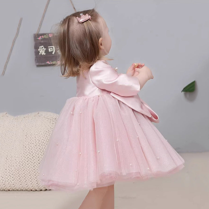Abito Cerimonia Bimba Rosa Cipria Tulle e Maxi Fiocco