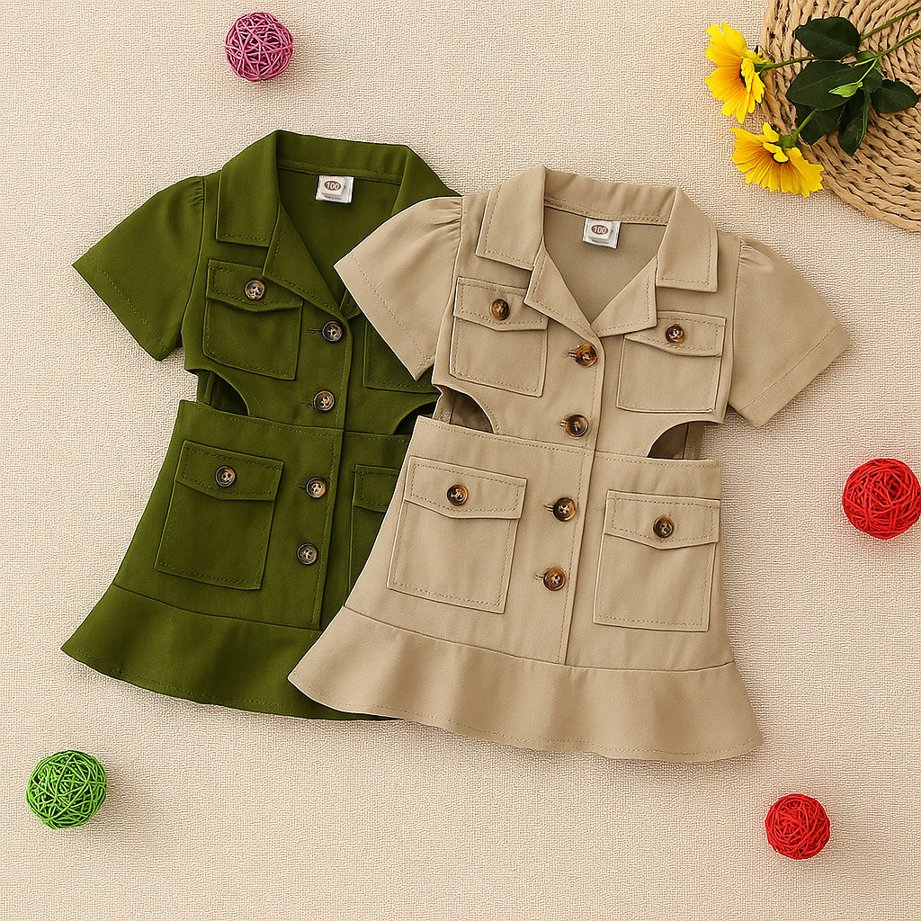 Vestito Bambina Stile Safari con Tasche e Bottoni