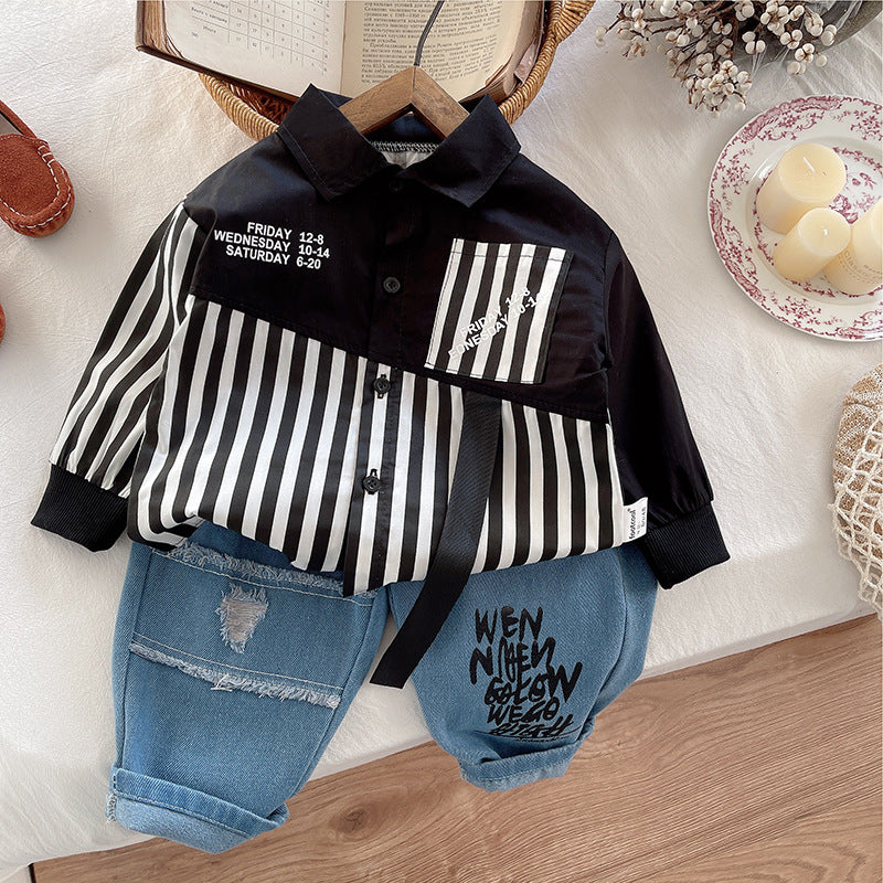 Completo Bimbo Urban Style Camicia a Righe e Jeans Stampati
