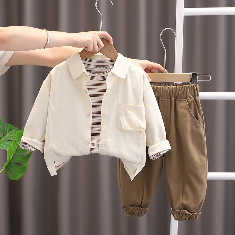 Completo bambino 3 pezzi Camicia, T-shirt a righe e pantalone con polsino