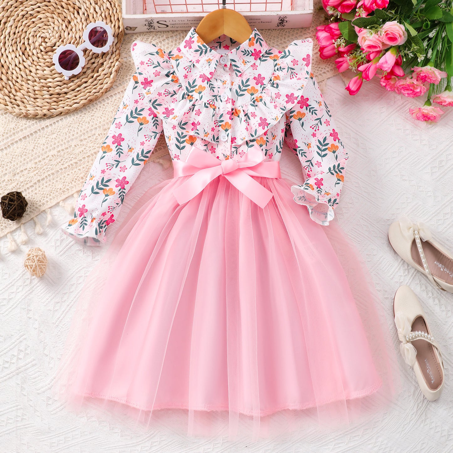 Abito Elegante Bimba Camicia a Fiori e Gonna in Tulle con Fiocco