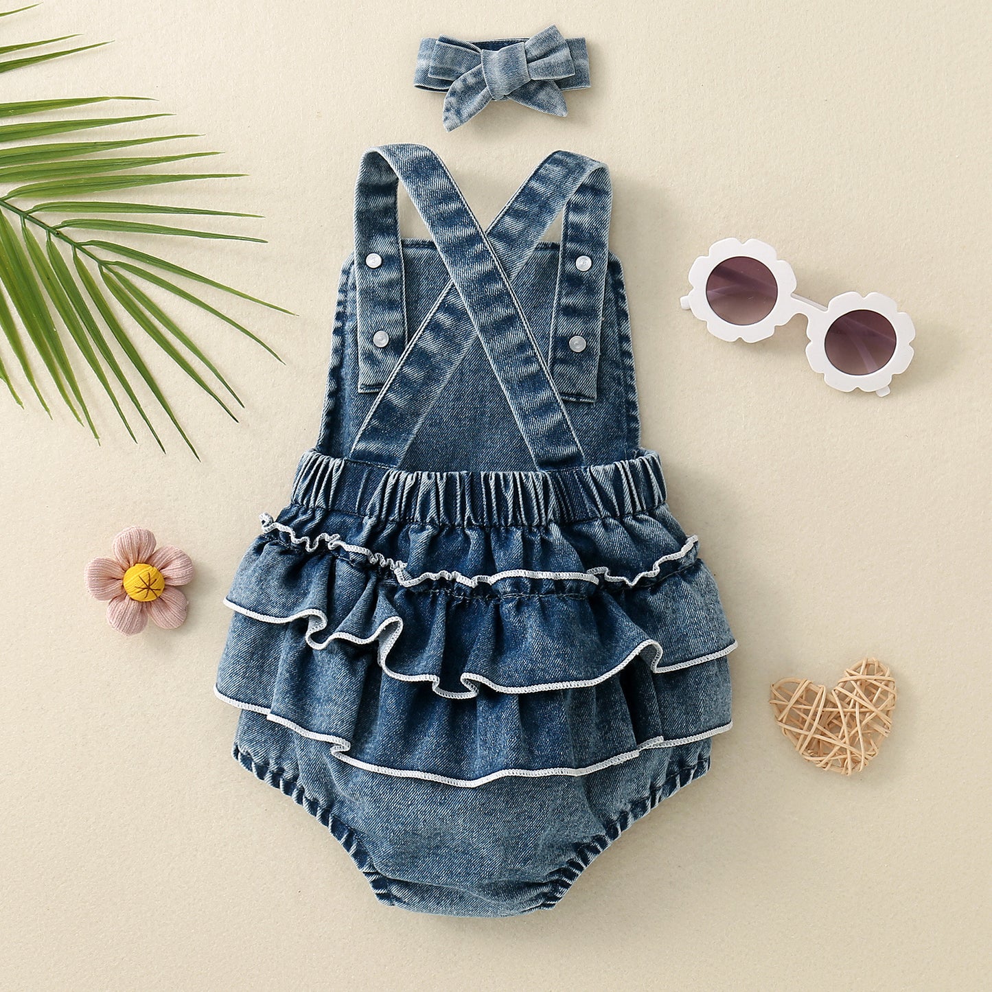 Salopette in Jeans con Ricamo Coniglietto + Fiocco Coordinato