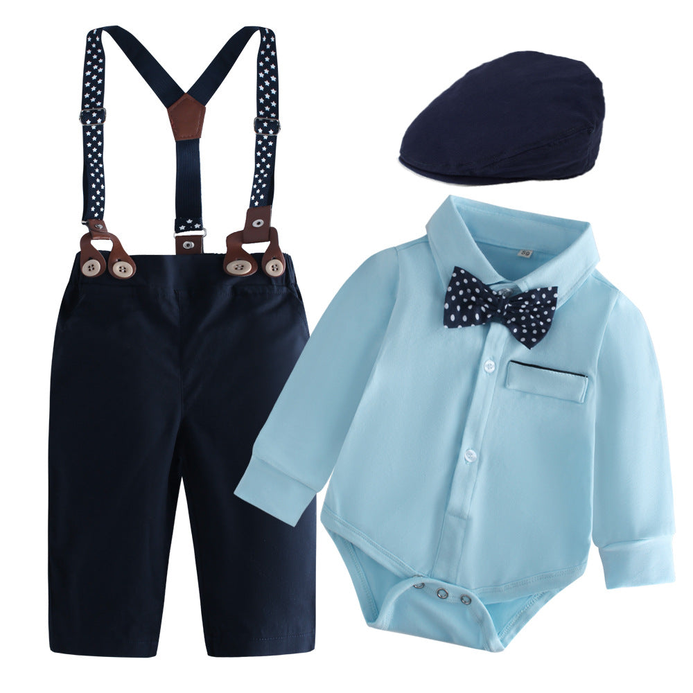 Completo Elegante Neonato Body Camicia Celeste, Bretelle, Papillon e Cappellino