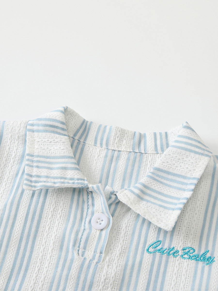 Completino Estivo Neonato Camicetta a Righe Azzurre e Shorts Coordinati