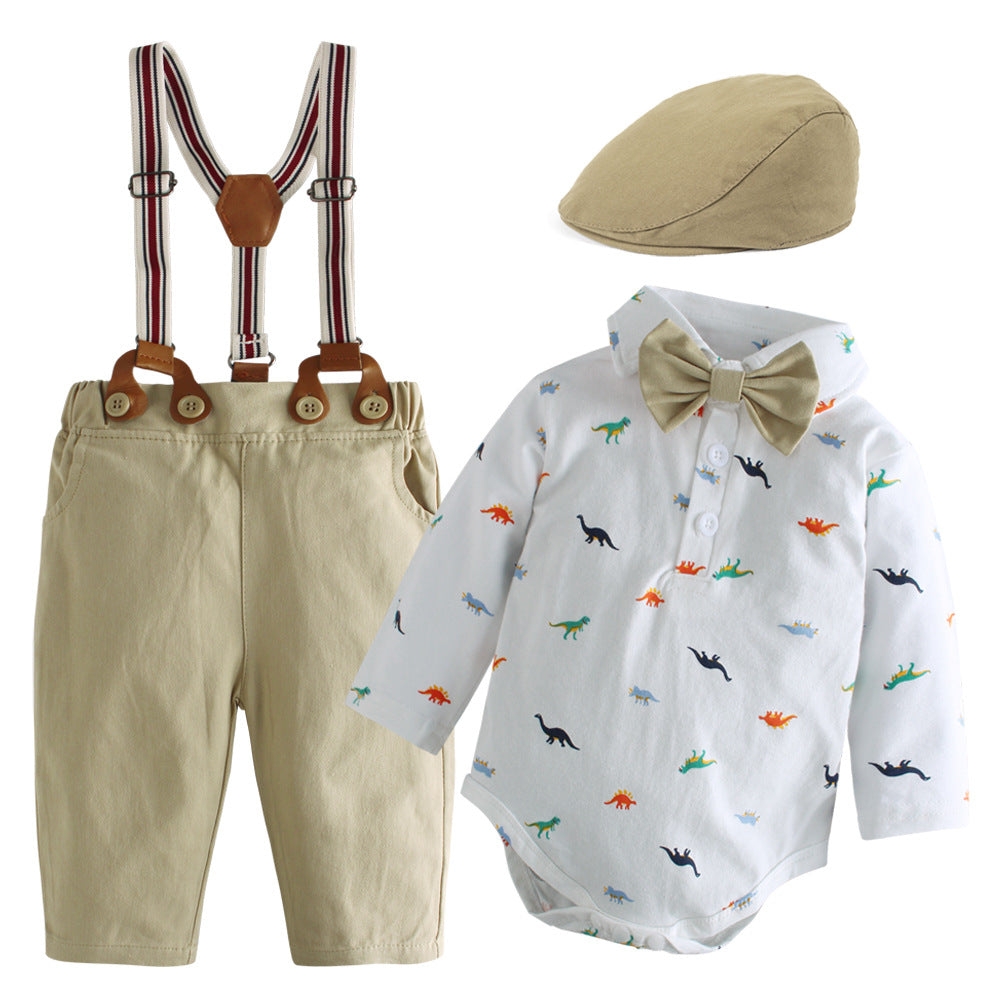 Completo Elegante Neonato Body Camicia Celeste, Bretelle, Papillon e Cappellino
