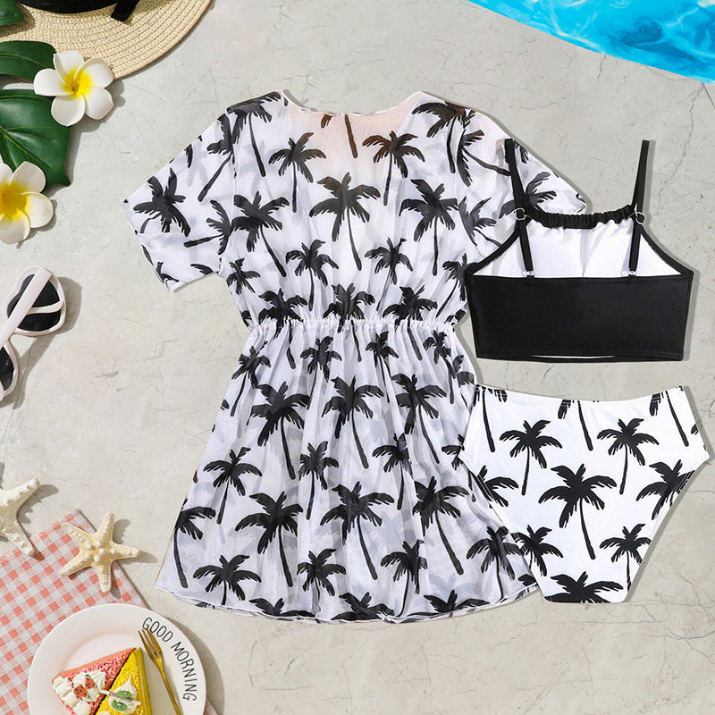 Set mare 3 pezzi bimba – Bikini top, slip a vita alta e copricostume con stampa palme