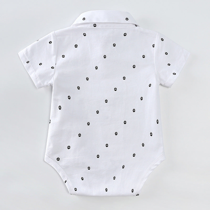 Completo Estivo Elegante Bimbo Camicia con Papillon, Shorts con Bretelle e Coppola