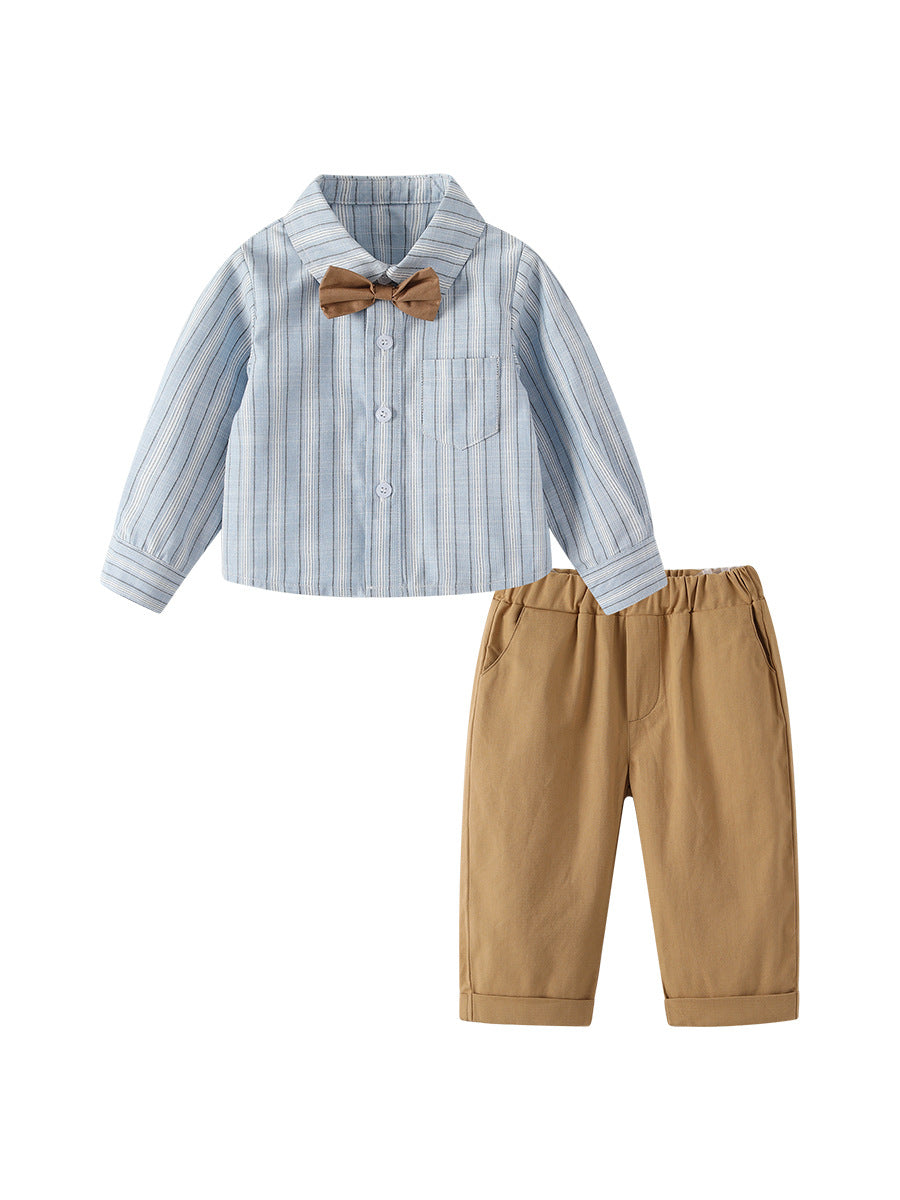 Completo Elegante Bimbo Camicia a Righe con Papillon e Pantaloni Cammello