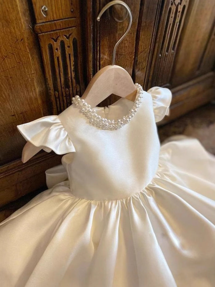 Abito Elegante Bambina in Raso Avorio con Perle