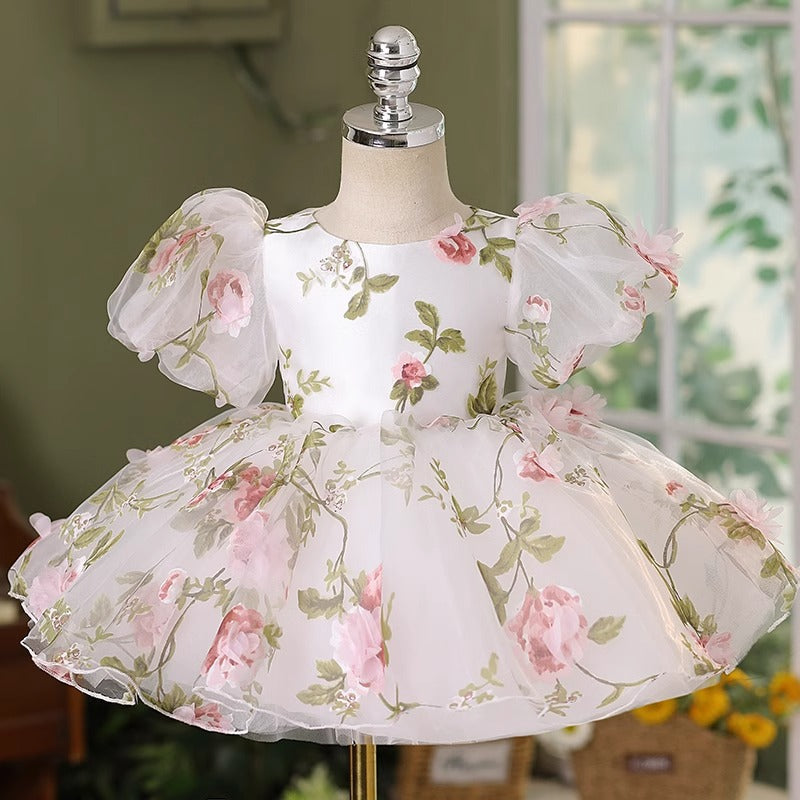 Abito Elegante Bimba con Fiori Rosa e Maxi Fiocco