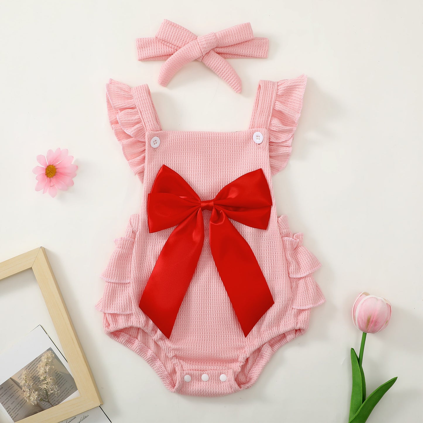 Pagliaccetto Estivo Rosa per Neonata con Fiocco Rosso e Fascia Coordinata