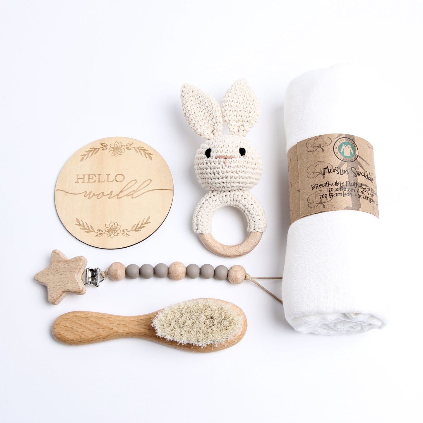 Set Regalo Neonato in Legno e Cotone bianco e Naturale