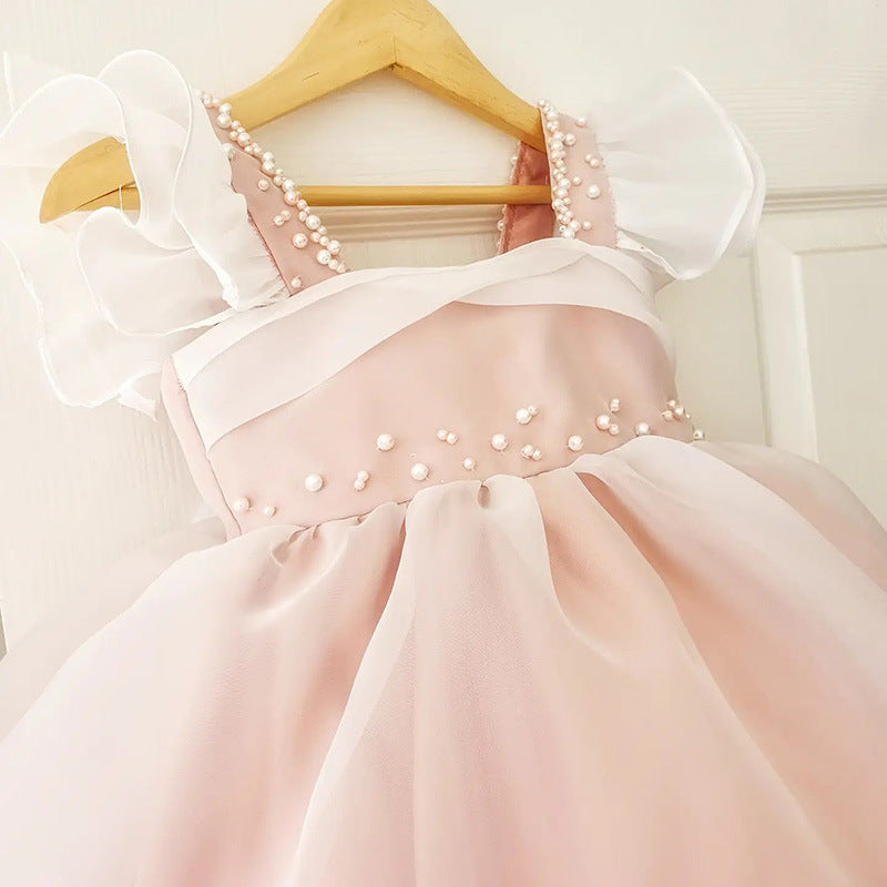 Abito Elegante da Cerimonia per Bambina Rosa Cipria con Perline