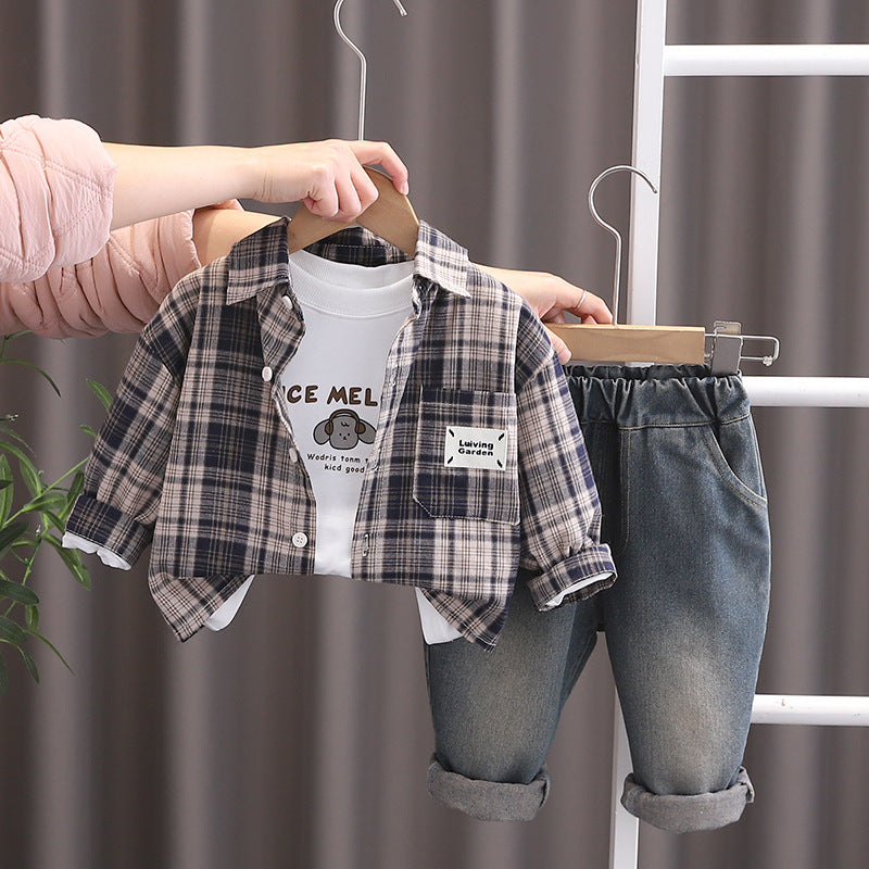 Completo Bimbo Casual Camicia a Quadri, T-Shirt Stampata e Jeans