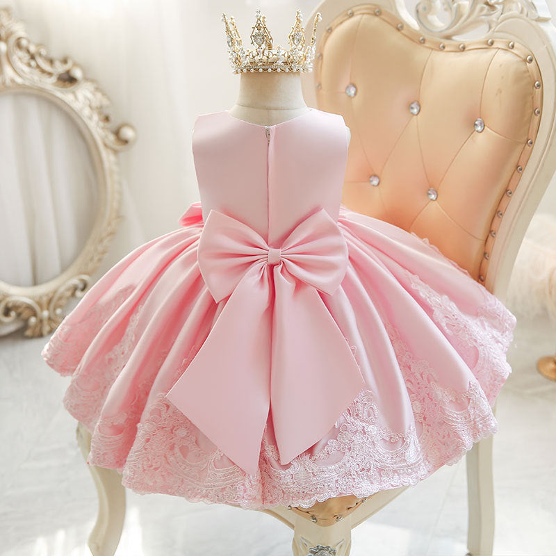 Abito da Cerimonia Bambina Rosa con Ricami e Fiocco Maxi