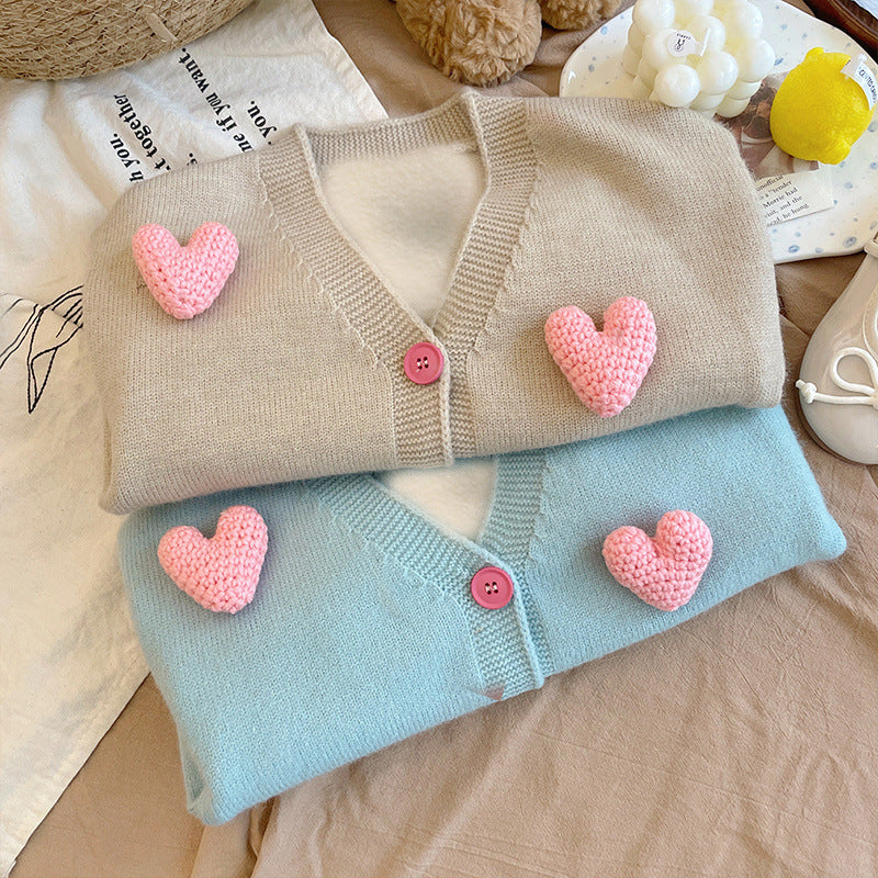 Cardigan Bambina con Cuori 3D – Maglioncino Morbido in Maglia