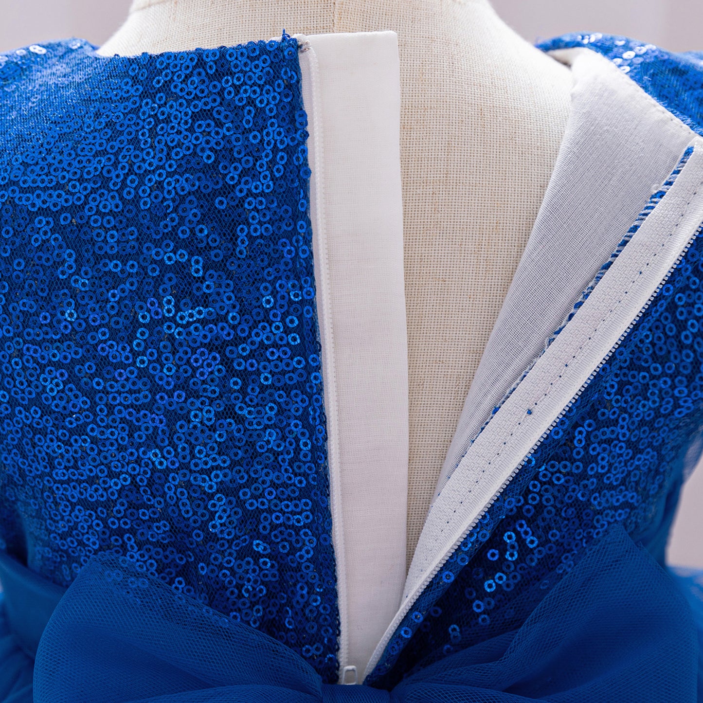 Abito da Cerimonia Bambina in Tulle Blu Reale con Paillettes e Maxi Fiocco