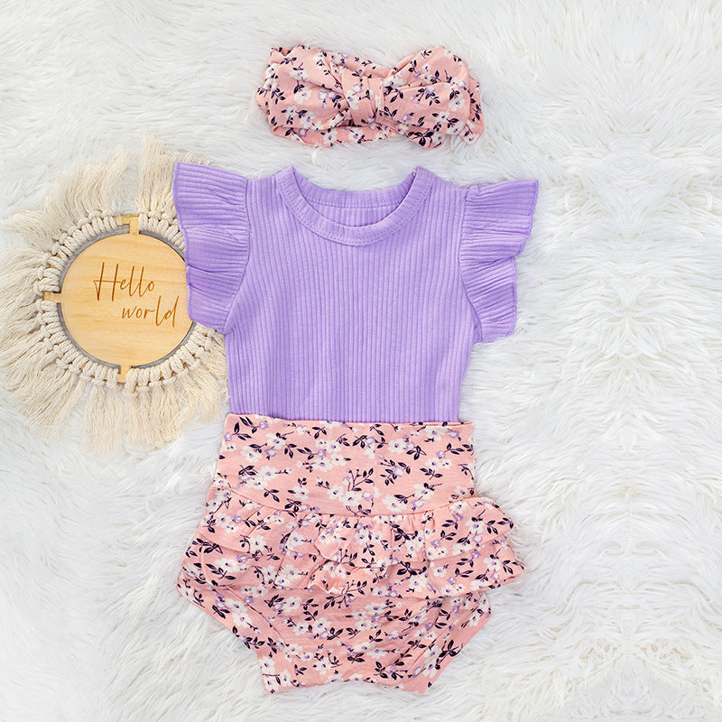 Completo 3 Pezzi Bimba Body Lilla + Culotte Floreale + Fascia Fiocco