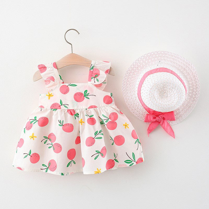 Set Abito Estivo Bambina Vestito con Stampa e Cappello Coordinato