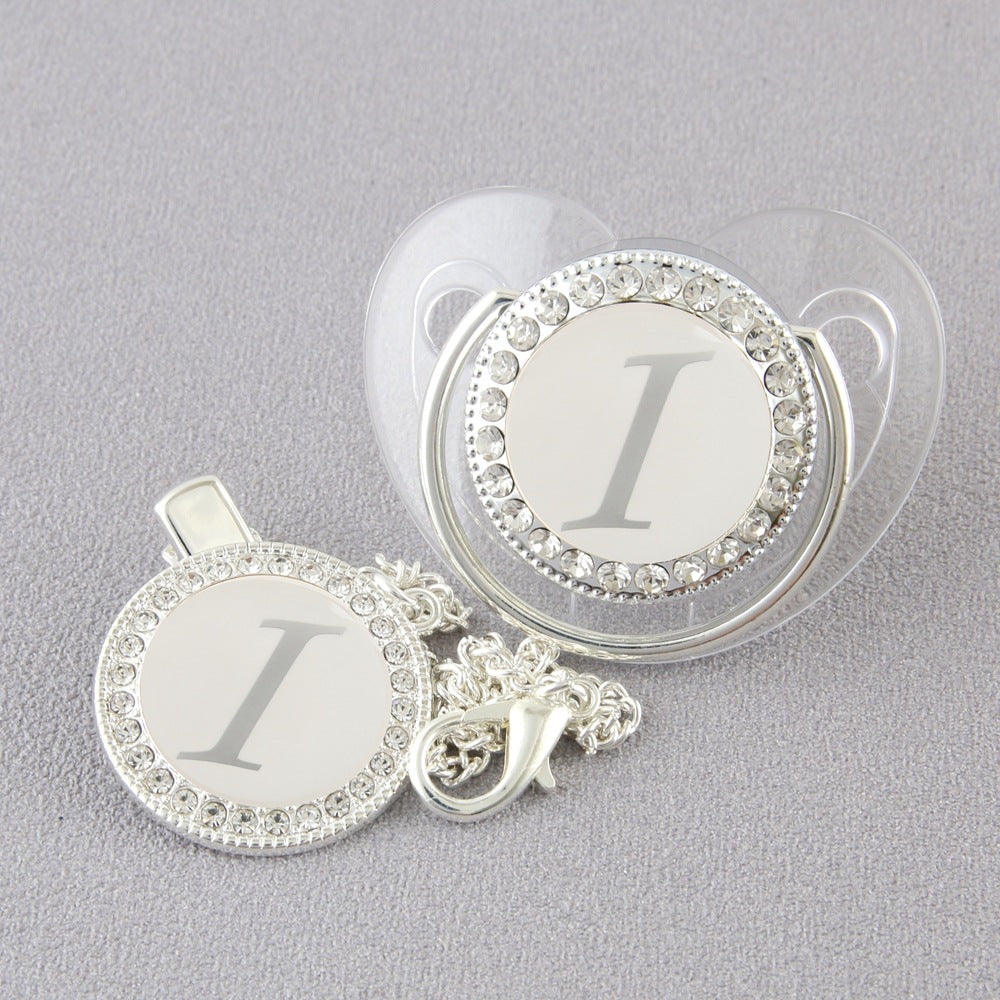Set Ciuccio Trasparente e argento Luxury con Clip – Personalizzato con Iniziale 6-12 mesi