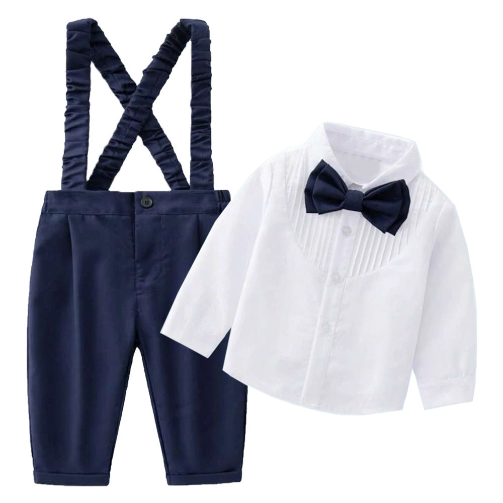 Completo Elegante Neonato Camicia Bianca, Pantaloni Blu con Bretelle e Papillon