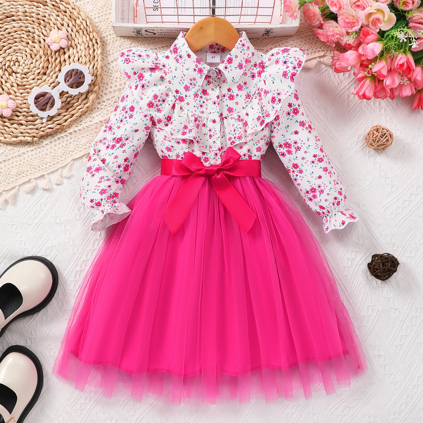 Abito Elegante Bimba Camicia a Fiori e Gonna in Tulle con Fiocco