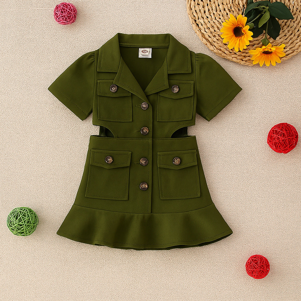 Vestito Bambina Stile Safari con Tasche e Bottoni