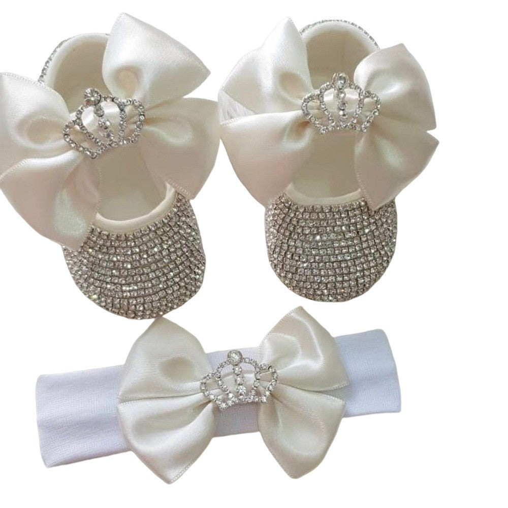 Set Scarpine e Fascia Neonata Eleganza con Strass e Fiocco