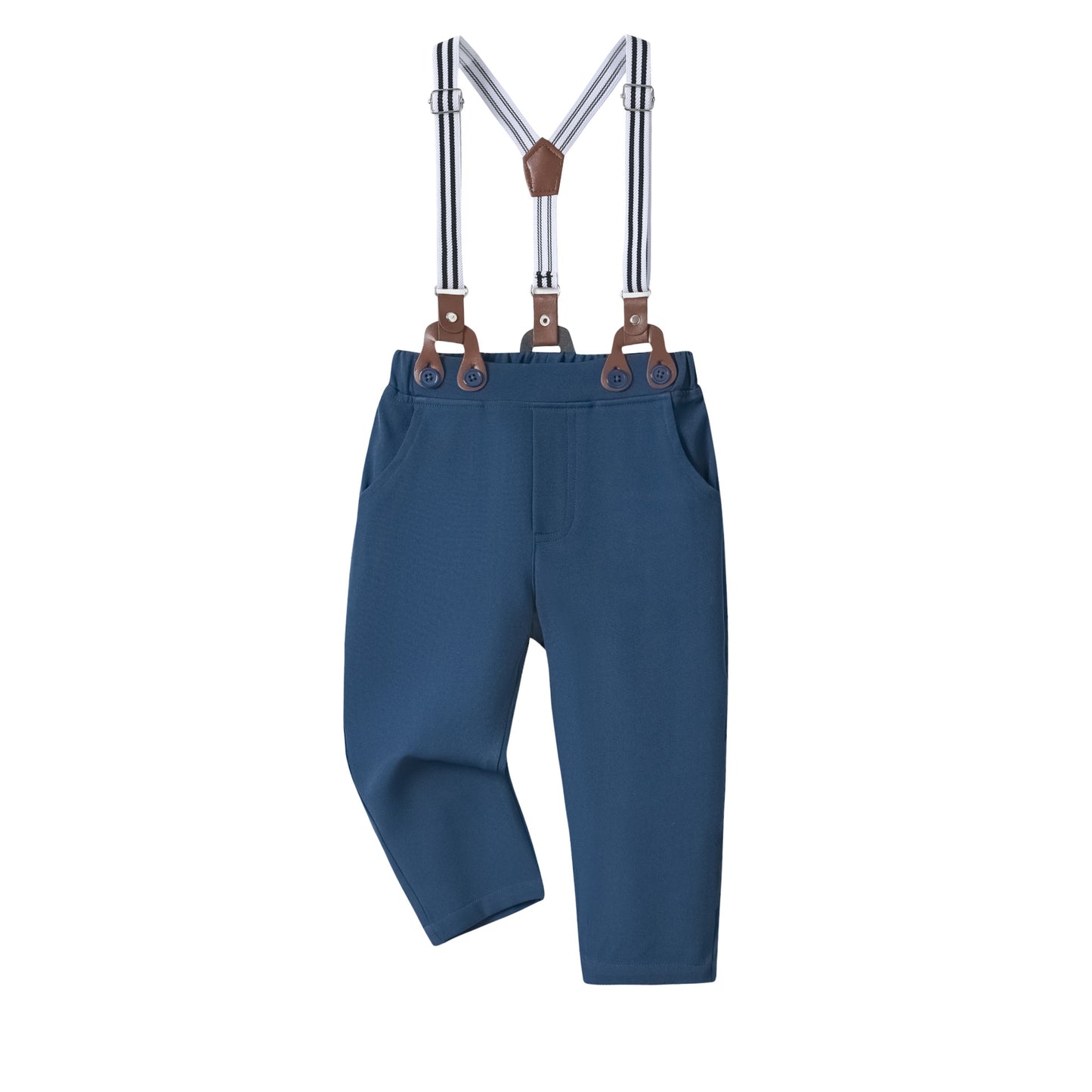 Completo Elegante Bambino 4 Pezzi Camicia a Quadri, Gilet Blu, Pantaloni e Bretelle
