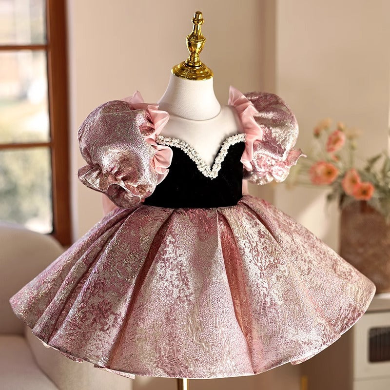 Abito da Cerimonia Bambina Principessa Rosa Lilla con Maniche Voluminose