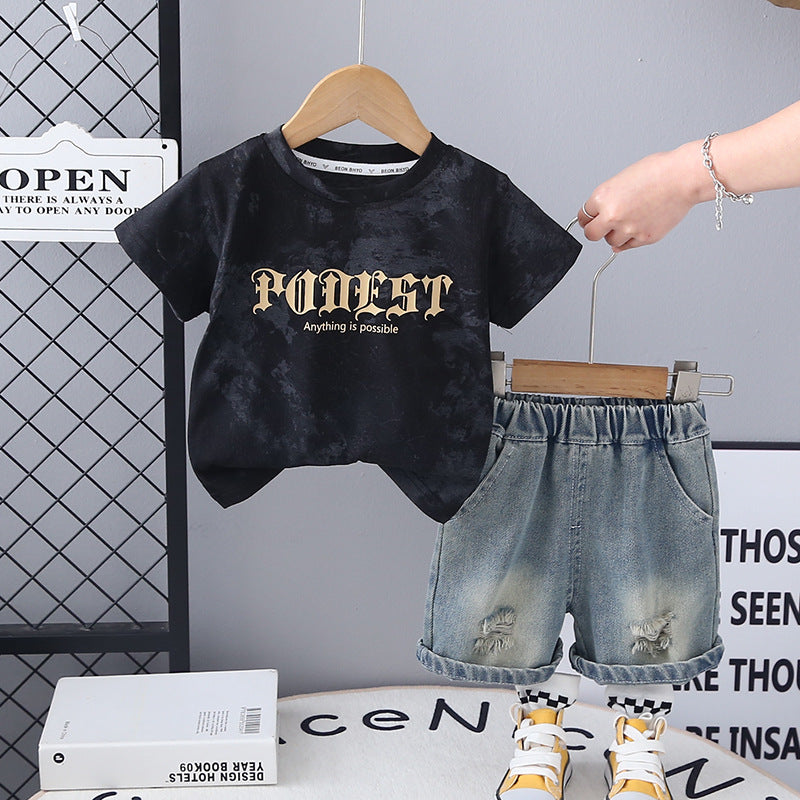 Completo Estivo Bimbo T-shirt “Power” Effetto Marmo e Shorts in Denim