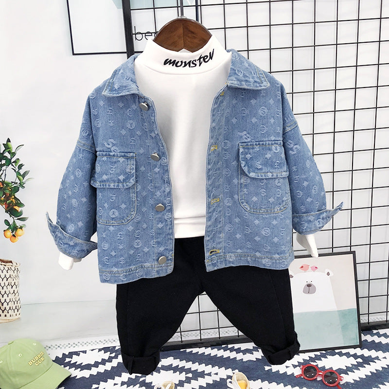 Completo Bimbo Urban Chic 3 Pezzi – Giacca Jeans, Maglia Bianca e Pantaloni Neri
