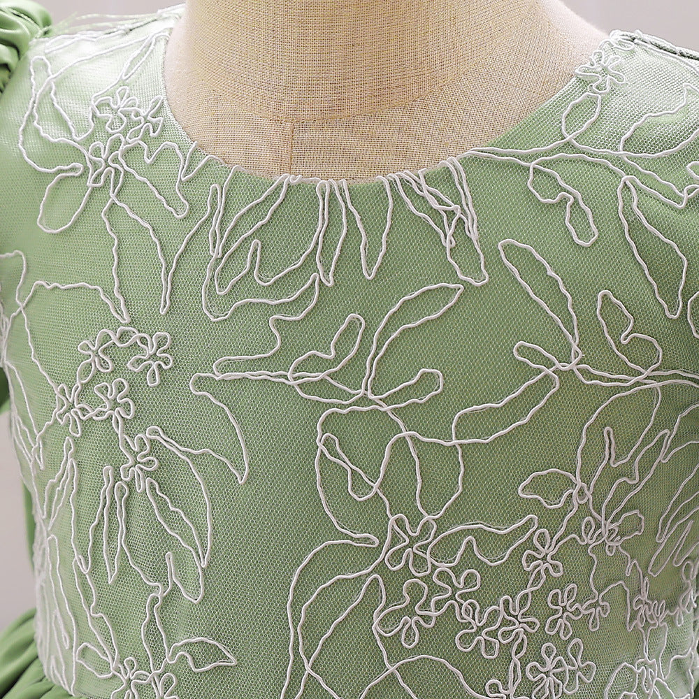 Abito Elegante Verde per Bambina con Maniche a Palloncino e Ricami
