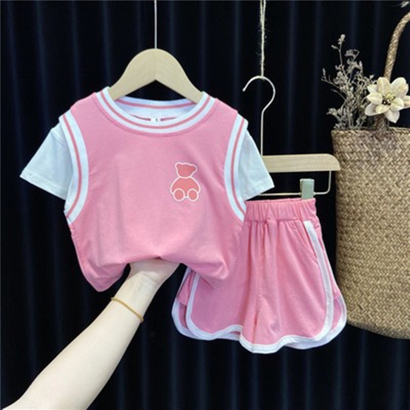Coordinato Estivo Bambina con Orsetto Maglietta e Gonnellina Pantaloncino