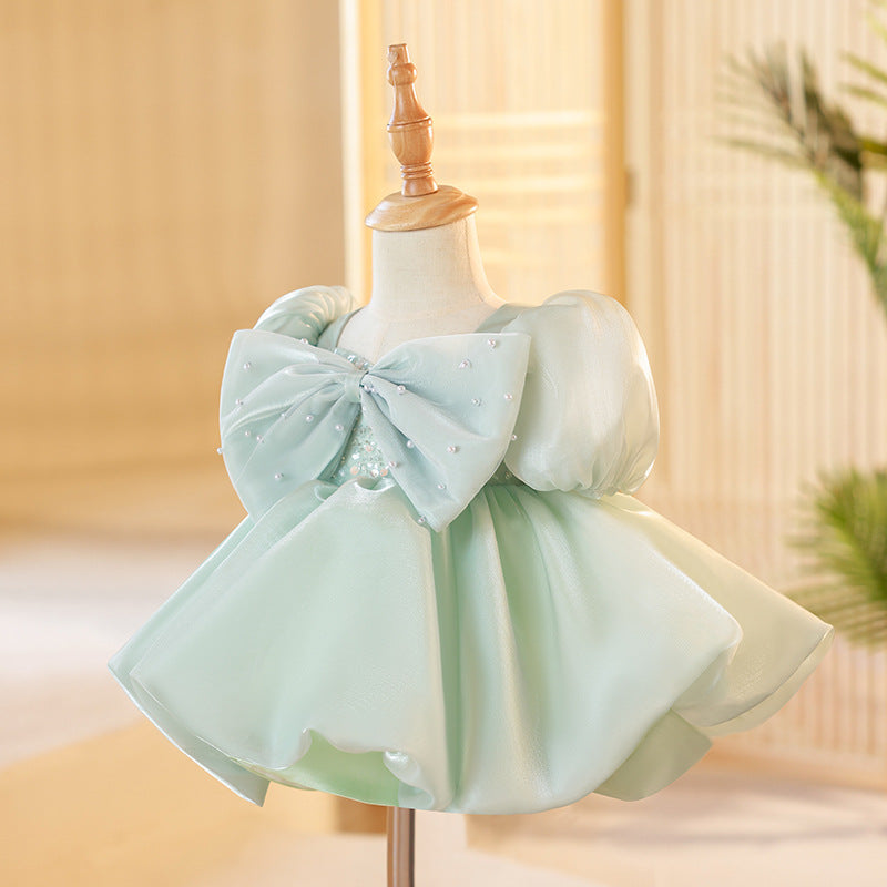 Abito Elegante Bimba Verde Acqua con Maxi Fiocco e Perline
