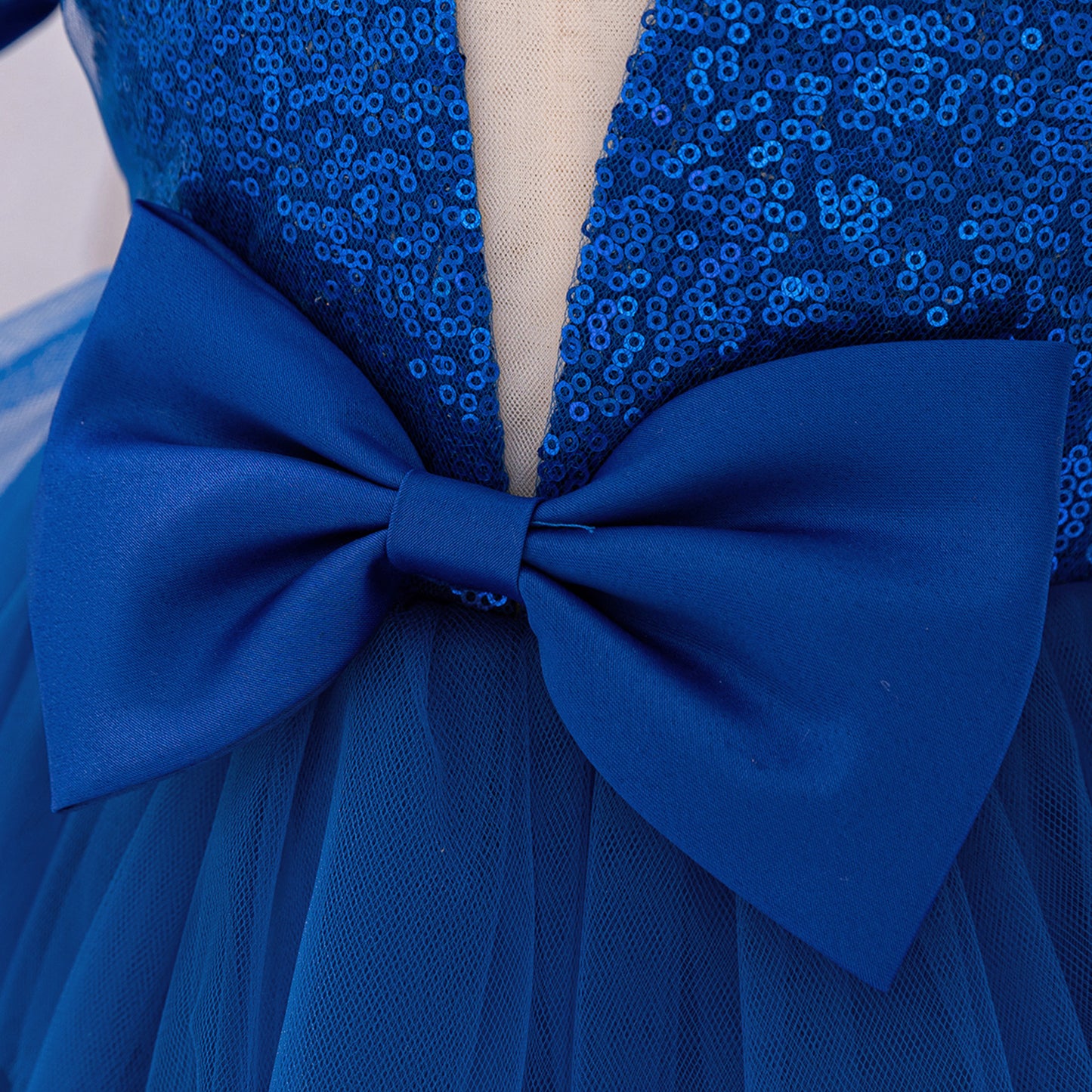 Abito da Cerimonia Bambina in Tulle Blu Reale con Paillettes e Maxi Fiocco
