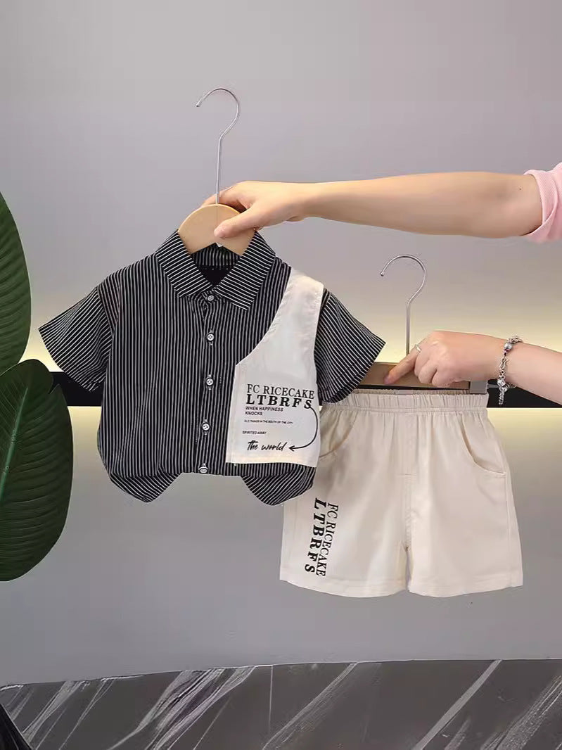 Completo Estivo Bambino Camicia a Righe con Shorts Stampati