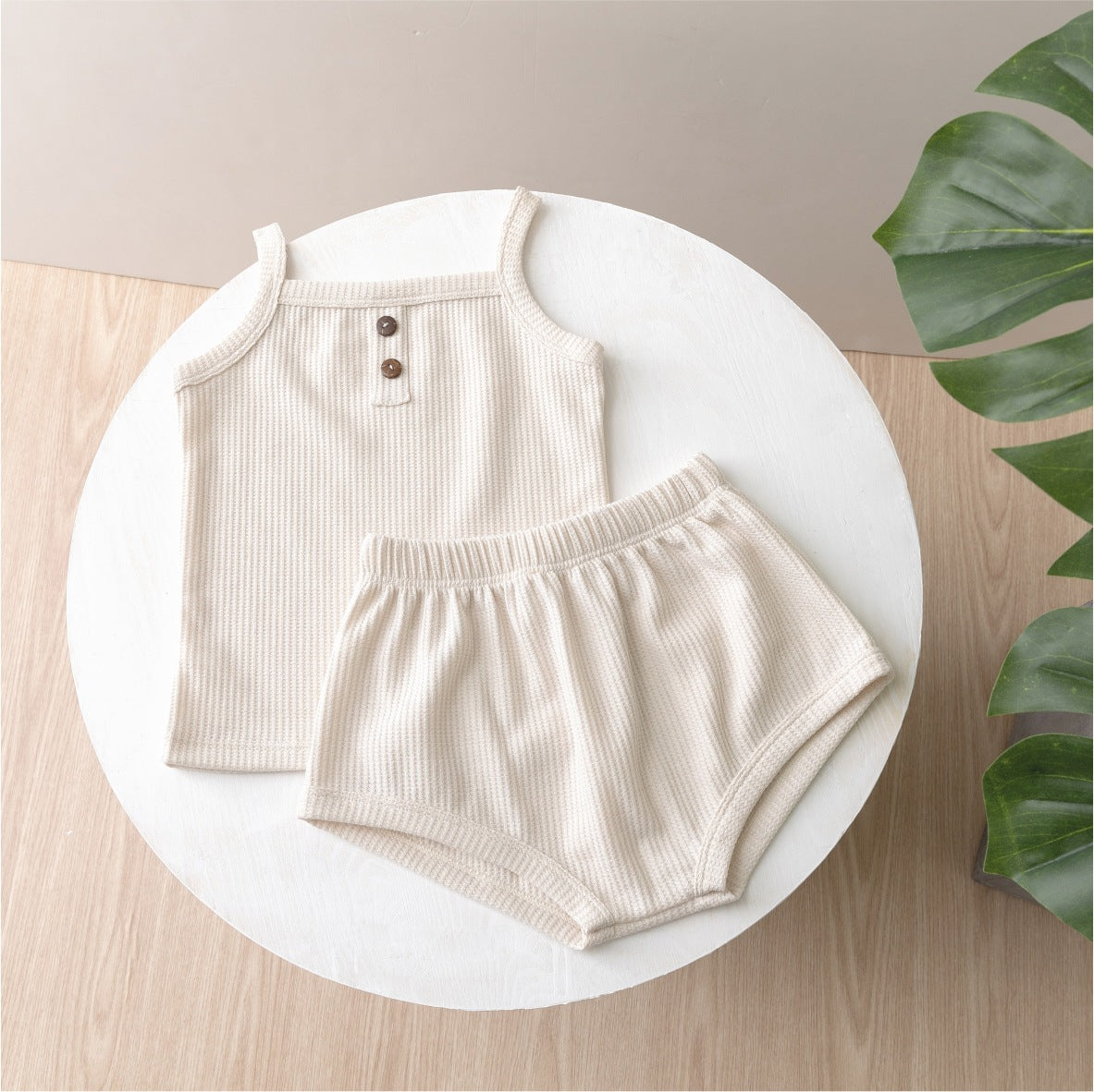 Completo estivo bimbo/bimba in cotone waffle – 2 pezzi