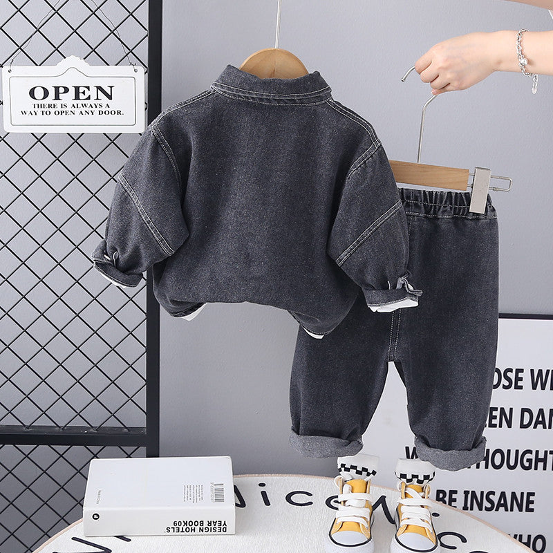Completo Bimbo "Urban Memories" Giacca in Jeans Nero, T-shirt e Pantaloni