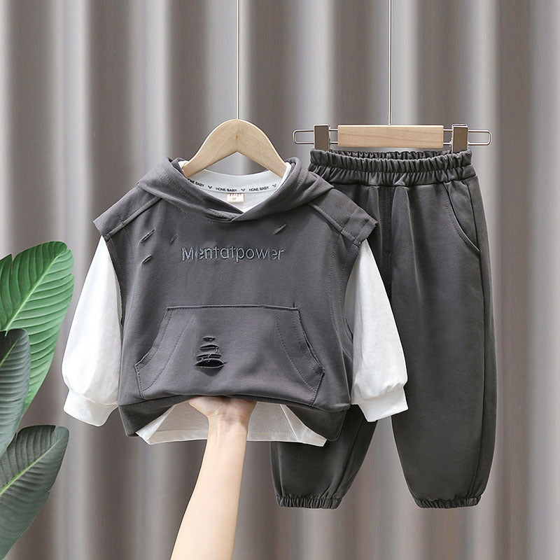 Completo bambino con felpa smanicata con cappuccio e pantaloni – 2 varianti