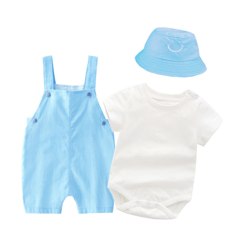 Set Estivo 3 Pezzi Neonato Body, Salopette Celeste e Cappellino Smile
