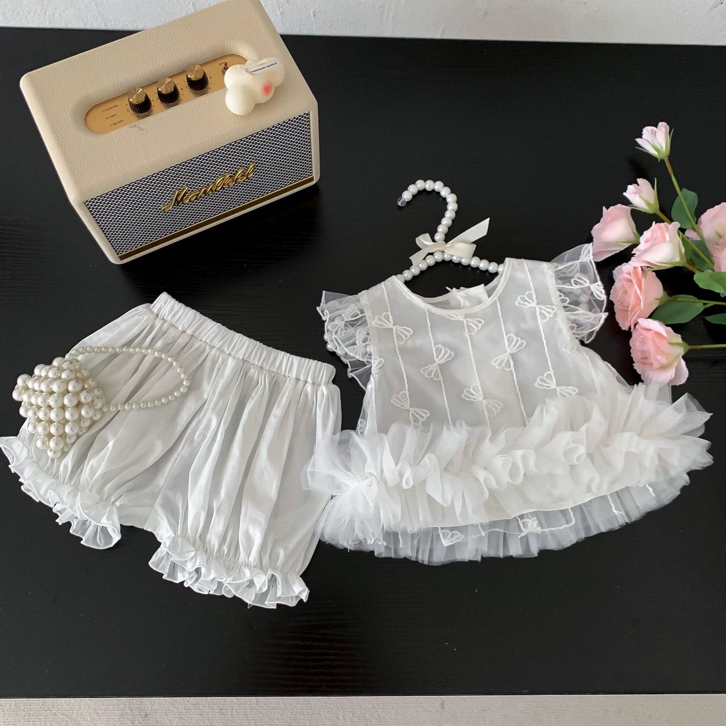 Completo Elegante per bimba Blusa in Tulle e Shorts Coordinati