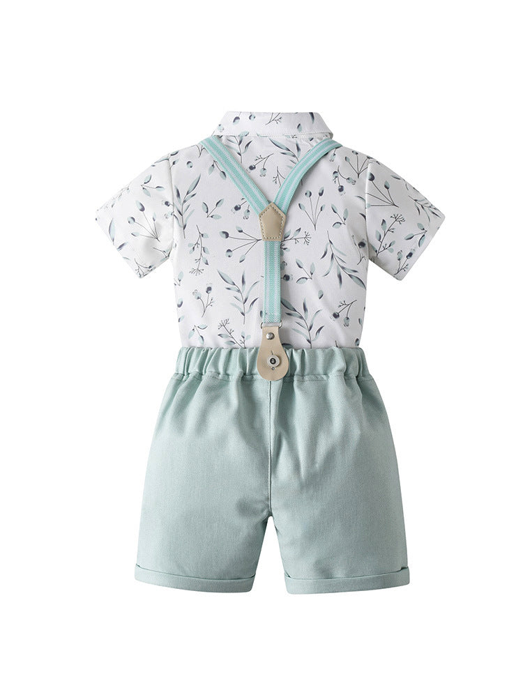 Completo Estivo Elegante bimbo Camicia Fantasia, Shorts Verde Acqua, Bretelle e Papillon