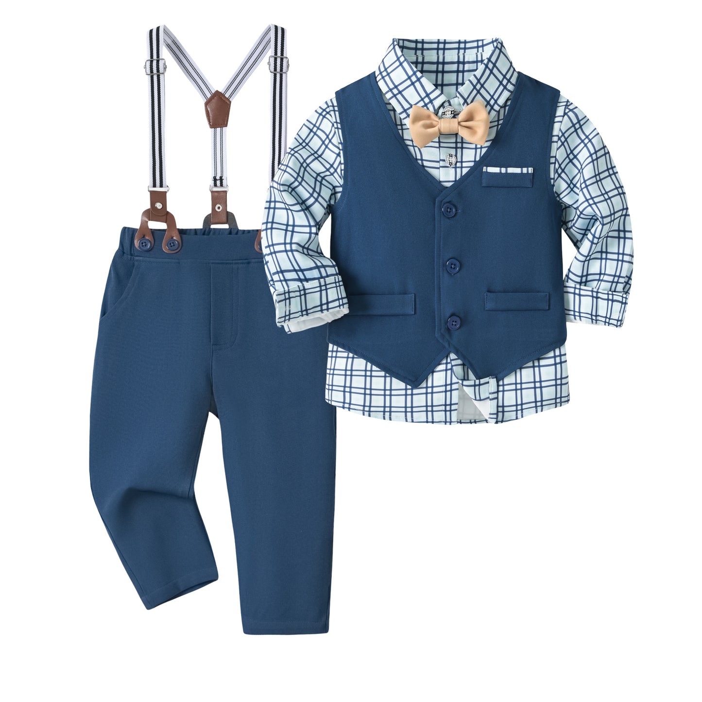 Completo Elegante Bambino 4 Pezzi Camicia a Quadri, Gilet Blu, Pantaloni e Bretelle