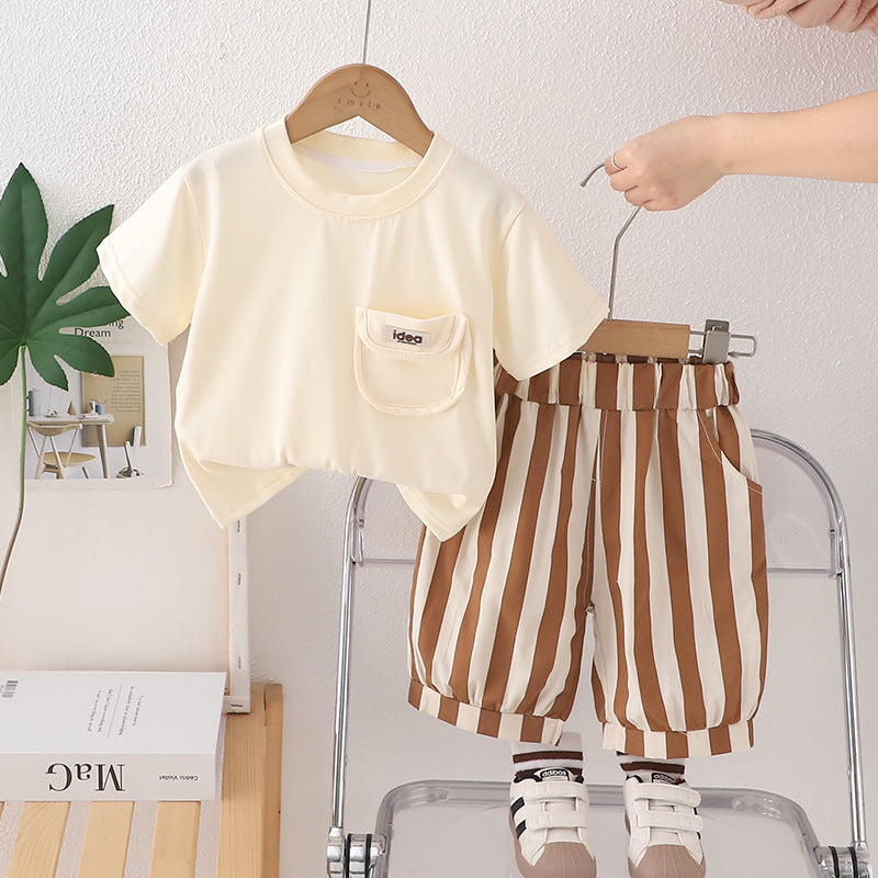 Completo Estivo Bimbo T-shirt con Taschino e Pantaloncini a Righe