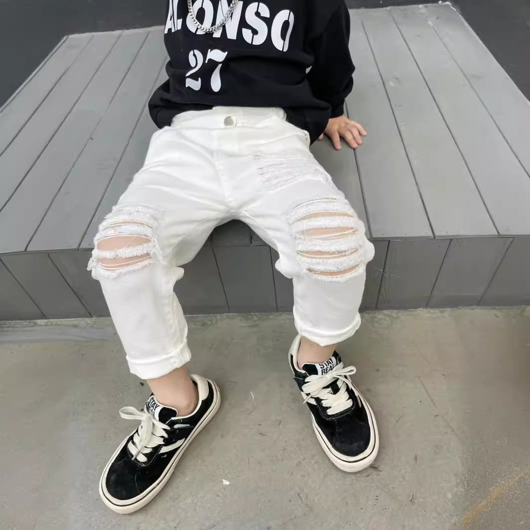 Jeans Strappati Bambino Stile Urban in Bianco e Nero