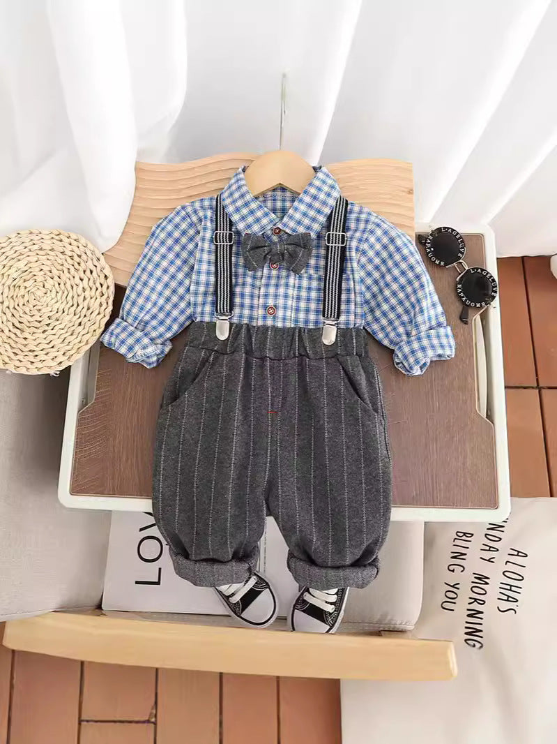 Completo Elegante Neonato con Bretelle Camicia a Quadri e Pantaloni a Righe