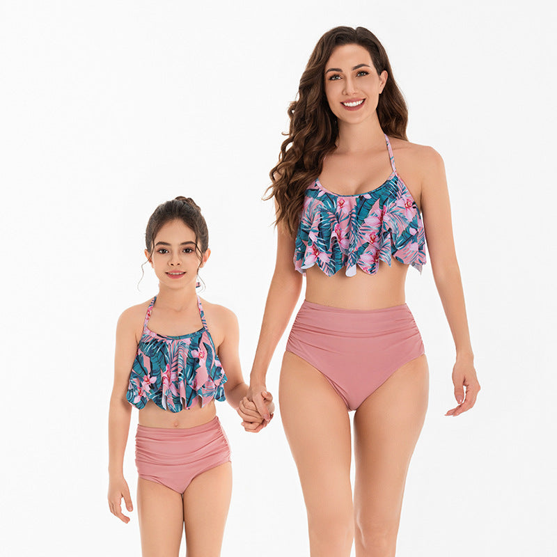Costumi coordinati famiglia – Stampa tropicale rosa e verde