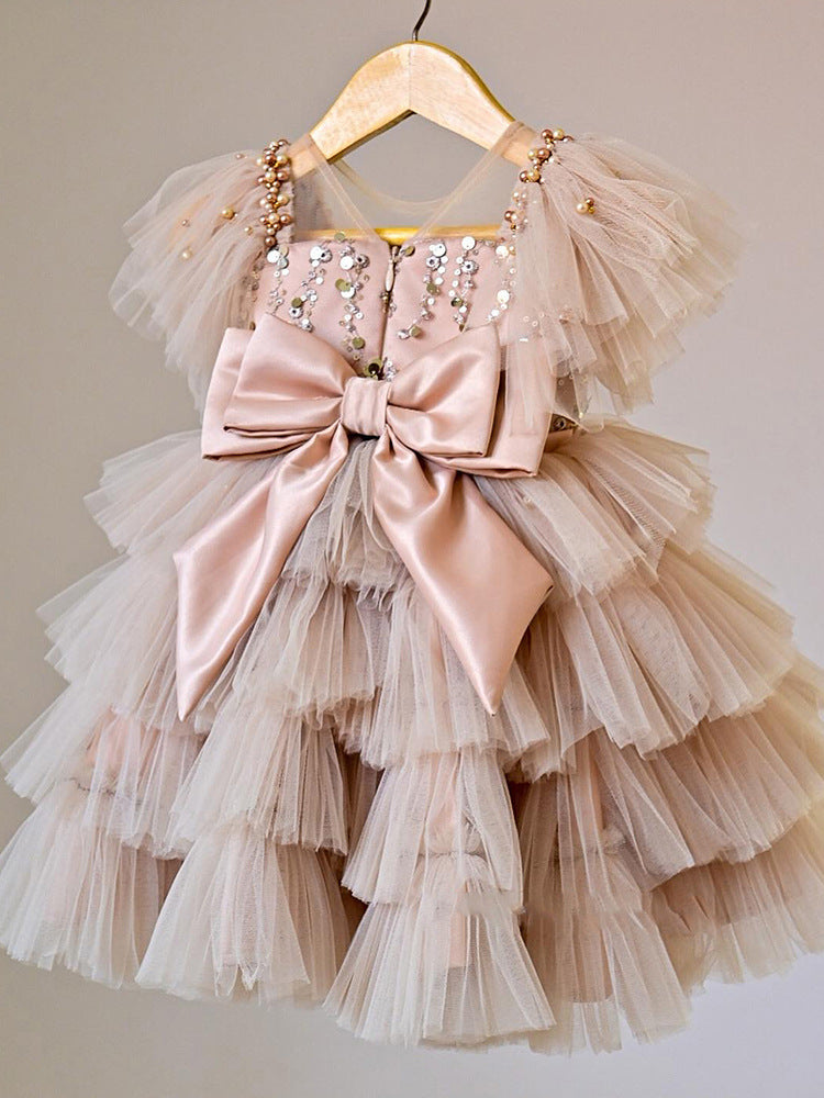 Abito da Cerimonia Bambina in Tulle Multistrato con Paillettes, Perline e Maxi Fiocco