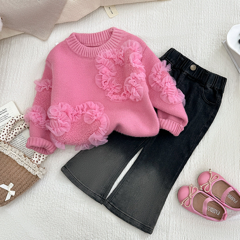 Completo Bambina Maglioncino Cuori in Tulle + Pantalone Svasato